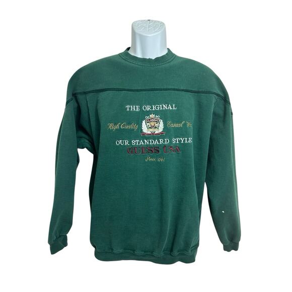 Vintage Guess Dark Green Sweatshirt Sz L Embroidered Made USA Pullover 90's - Picture 12 of 14